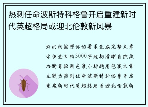 热刺任命波斯特科格鲁开启重建新时代英超格局或迎北伦敦新风暴